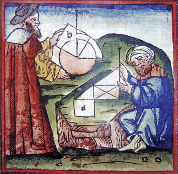 15th century manuscript showing Western and Arab thinkers practicing geometry. (Public domain)