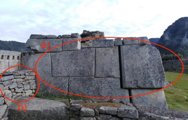 I recently observed this phenomenon myself at Machu Picchu, Peru - a) shows the precise Category 4 masonry and b) shows the cruder Category 2 stone work - most likely an attempt at imitation. (Provided by the author from his upcoming book The Wise Ones)