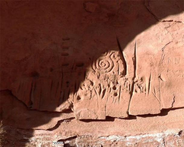 Close up of the spiral patterns that appear prominently in the rock carvings and are thought to be a symbol among ancestral Pueblo people for the sky or the sun. (Jagiellonian University)