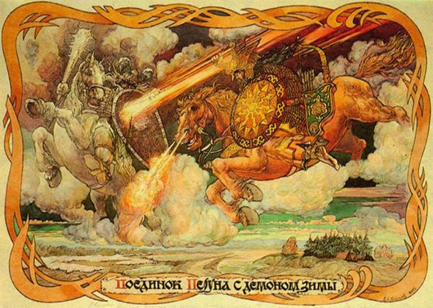The Polabian Slavs were firm believers in the Pagan pantheon, including Perun and Veles, depicted here during their legendary battle. (Russian Culture)