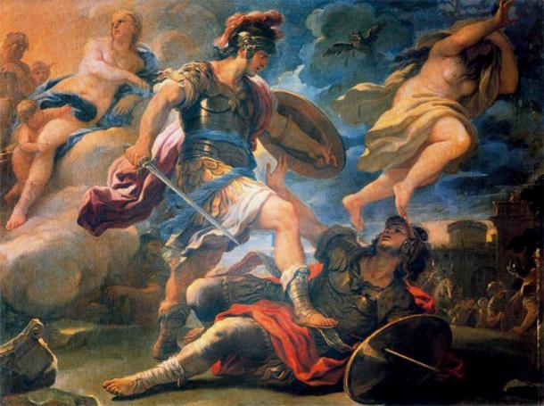 Painting by Luca Giordano depicting Aeneas defeating Turnus in revenge for his having murdered Pallas. (Public domain)