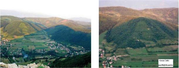 Photos show interaction between the shadow cast by the Bosnian Pyramid of the Sun upon the Bosnian Pyramid of the Moon. Image left shows shadow on Summer Solstice matching height of Moon Pyramid, which by midsummer moves to totally cover the pyramid (right). (Richard Hoyle / The Bosnian Pyramid of the Sun Foundation)
