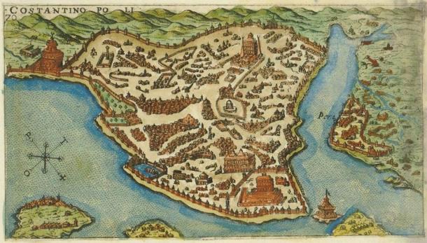 Venedikli Giacomo (Jacomo) Franco (1550-1620) tarafından 1597'de oluşturulan Konstantinopolis adasının haritası (mod. İstanbul).  (CC BY-SA 3. 0)