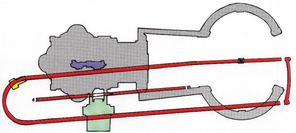 Layout of the Vatican necropolis (green area) and it’s overlap with Nero’s Circus (shown in red) with the outline of the basilica shown in grey. The Altar of Confession, and the crypt area below it, is shown in purple. (Mogadir / CC BY 3.0)