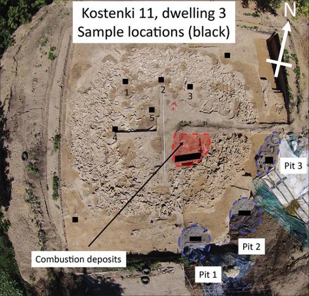Aerial photograph of the new mammoth-bone structure at Kostenki 11, taken using a drone during excavations in 2015 (photograph by A. Yu. Pustovalov & A.M. Rodionov). Sampling locations are indicated by the black squares and rectangles. The location of the burnt deposits and pit features are also shown. (Image: A.J.E Pryor / Antiquity Publications Ltd)