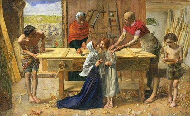 Representación idealizada de John Everett Millais de Jesucristo en la casa de su infancia en el estudio de su padre Joseph. (Dominio publico)