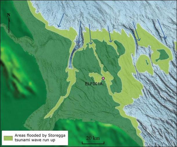 Modelo que muestra el tsunami Storegga y su avance alrededor del sector occidental del sur del Mar del Norte a 8150 cal BP. (Imagen de M. Muru Walker et al.2020/Antiquity Publications Ltd)