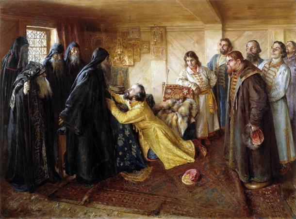 El zar Iván el Terrible le pide a Hegumen Kornily que lo admita como monje en el monasterio después de sentir un remordimiento increíble por el asesinato de San Cornelio. (Klavdy Lebedev / Dominio público)