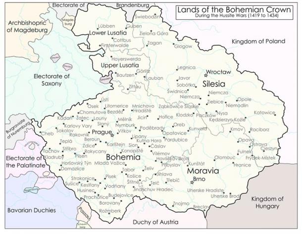 Sloup Castle, located in northern Bohemia, just south of Zittau on this map, figured in the Hussite Wars, which lasted from 1419 to 1434 AD. (Cameron Pauley / CC BY-SA 4.0)