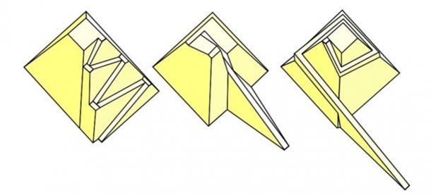Three different pyramid ramp proposals, by Uvo Hölsher (left), Dieter Arnold (center) and Mark Lehner (right). (Althiphika / CC BY-SA 3.0)