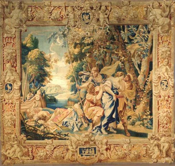 "Chariclea raptada por piratas" un tapiz del taller parisino de Raphaël de la Planche según un diseño de Simon Vouet. (Dominio publico)