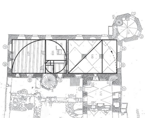Geometry is demonstrated in the ground floor of the ‘new’ southern wing of the castle. The Golden Section was used for the eastern end hall, and another proportion for the other end. This format is still used today in papers following the ‘A’ format (e.g. A4 paper). (Author provided (underlying drawing by architects Kjaer & Richter))