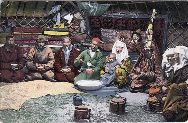 A yurt was frequently occupied by multiple families in the past, while now they’re typically used by a single family. This photo from 1911-1914 shows Inside of a Kazakh yurt with Kazakh family, with a woman in traditional bridal garb on the right (Public Domain)