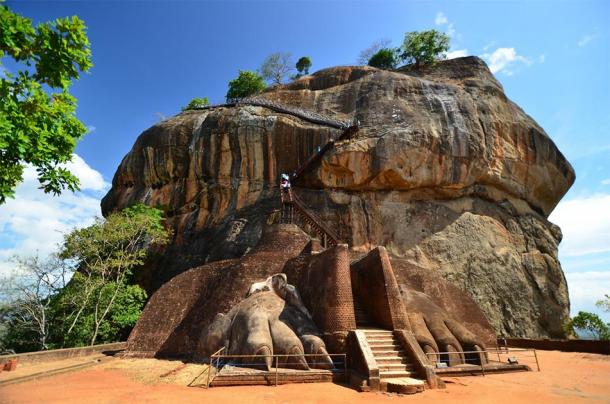 A frontal view of Sigiriya’s ‘lion’ staircase. Evidently all that remains of the supposed staircase are the two frontal paws, along with the assumption that a great feline head was also once in place, slotted grandly above them. Where, or what happened, to this giant head is still an unsolved mystery... (Givaga / Adobe stock)