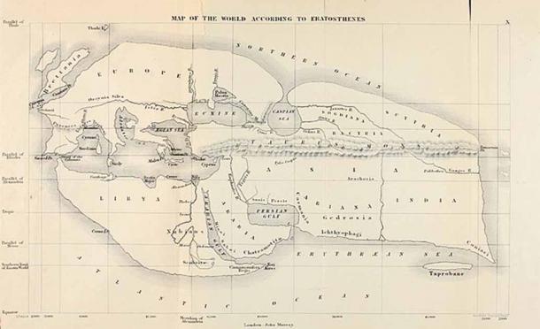 19th century reconstruction of Eratosthenes' map of the known world, 194 BC. (Public Domain)