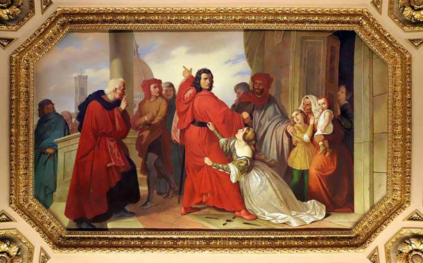 The painting “Decision of the Pazzi Conspiracy” by Cesare Mussini depicts conspirators discussing their plans to assassinate Giuliano de’ Medici during the Pazzi Conspiracy in 1478. (Sailko / CC BY 3.0)