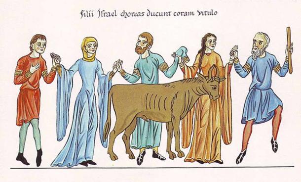 The Adoration of the Golden Calf – picture from the Hortus deliciarum of Herrad of Landsberg, from the 12th century. (Public domain)