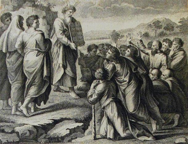 Moses Descends from Mount Sinai; A print from the Phillip Medhurst Collection of Bible illustrations in the possession of Revd. Philip De Vere at St. George’s Court, Kidderminster, England. (Philip De Vere / CC BY-SA 3.0)