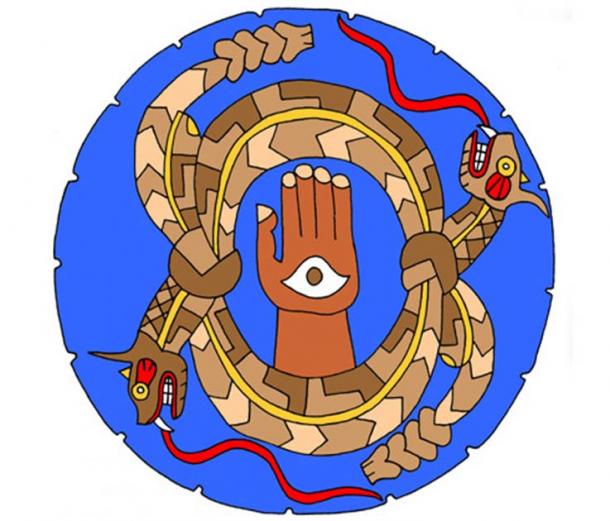 Two tie-snakes and a hand-in-eye motif in a graphic based on a ceremonial stone palette found at the Moundville Site in Moundville. (Herb Roe/CC BY SA 3.0)