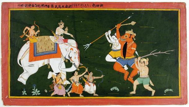 Indra on his elephant attacked by demons (Public Domain)