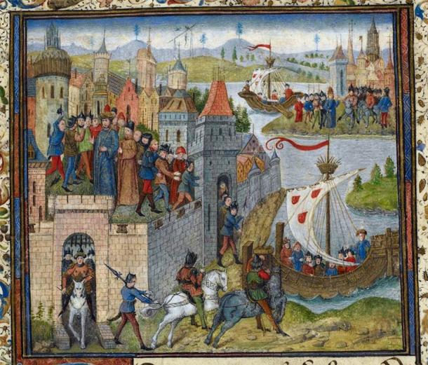 Detail of a miniature of the arrival of Duke Rollo in Normandy, with the city of Rouen on the left. (Public domain)