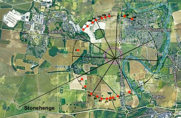 Overlay of Type D with Durrington Shafts. Caption: Thom’s Type D flattened circle overlaid on the positions of the Durrington Shafts (marked in red). Note the extension through the y axis west-southwestwards to the center of Stonehenge. (Image: Rodney Hale/Andrew Collins/Google Earth)