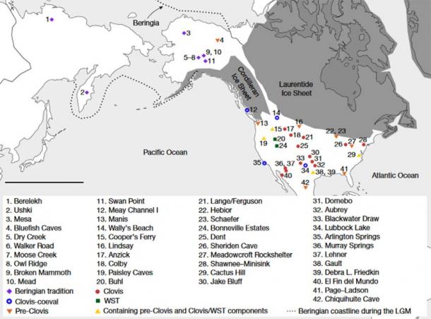 Map showing the location of the 42 archaeological sites included in the study about the peopling of North America. (Becerra-Valdivia et al. / Nature)