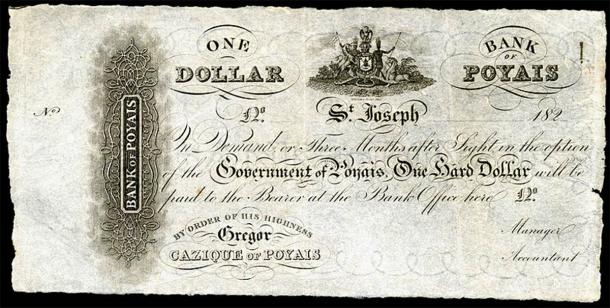 As part of his elaborate ruse, Gregor MacGregor printed Bank of Poyais dollar notes in Scotland, which he bartered for real British money with gullible would-be settlers. (Public domain)