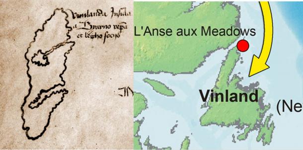 Left;Focus on Vinland on the Vinland map. (Public domain) Right; Focus on Vinland on a modern map (CC BY-SA 2.5)