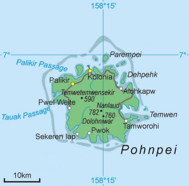 Mapa de la isla de Pohnpei, Estado de Pohnpei, Micronesia. (Aotearoa de Polonia/CC BY-SA 2.5)