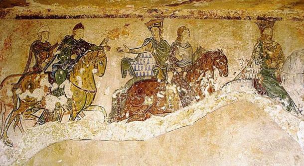 Eleanor of Aquitaine, Henry Plantagenet and their children in a mural found the chapel of Saint Radegund in Chinon, France. (Chinpat / CC BY-SA)