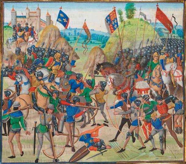 Battle of Crécy (15th century) by Jean Froissart. (Public Domain) Note the prominence of the Anglo-Welsh longbowmen on the right.