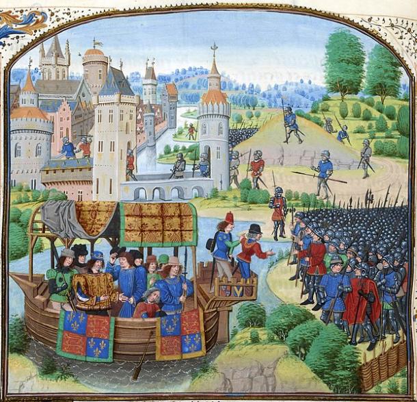 King Richard II and his failed negotiation with rebels from his barge on the River Thames, during Wat Tyler’s Rebellion of 1381, from a 1470s copy of Jean Froissart’s Chronicles. (Public domain)