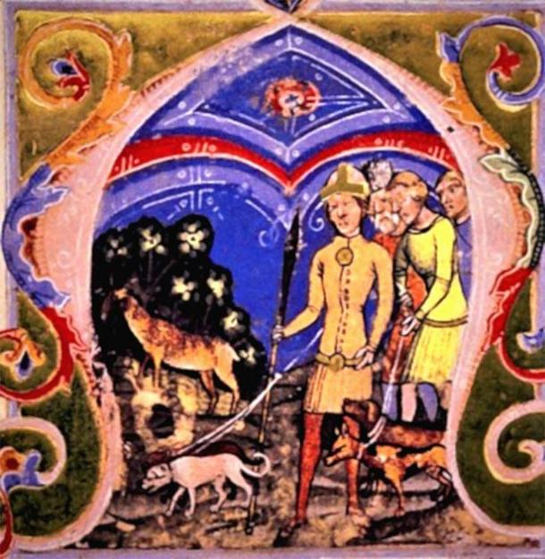 Miniature of the hunt of the White Stag, from the Illuminated Chronicle, with Hunor, Magor and dogs in the foreground. (Public Domain)