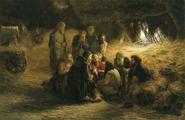 Peasants Reading the Emancipation Manifesto, a painting by Grigory Myasoyedov from 1873. Before the Great Emancipation of 1861, which effectively abolished serfdom, over 20 million privately owned serfs were being traded, bought, sold, and exploited. (Public domain)