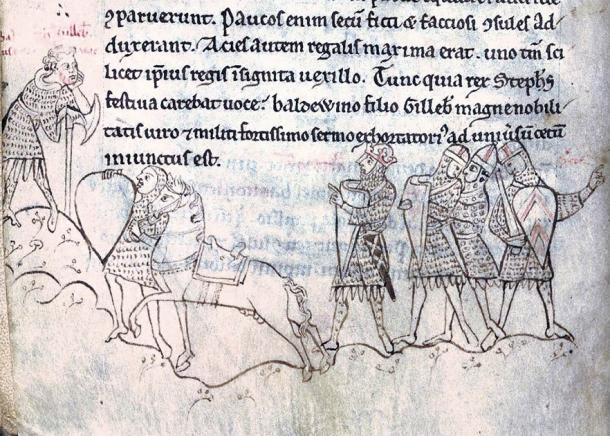 The Battle of Lincoln: On the left: Baldwin FitzGilbert; in the center, King Stephen wearing his crown and directing Baldwin to address the army on his behalf. (British Library / Public domain)