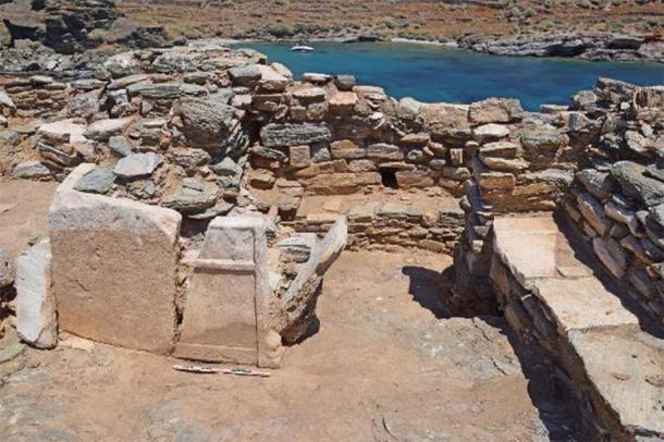 Two fragments of a marble table support ending in leopard feet in secondary use in the church’s north aisle. (AMNA/Greek Ministry of Culture)