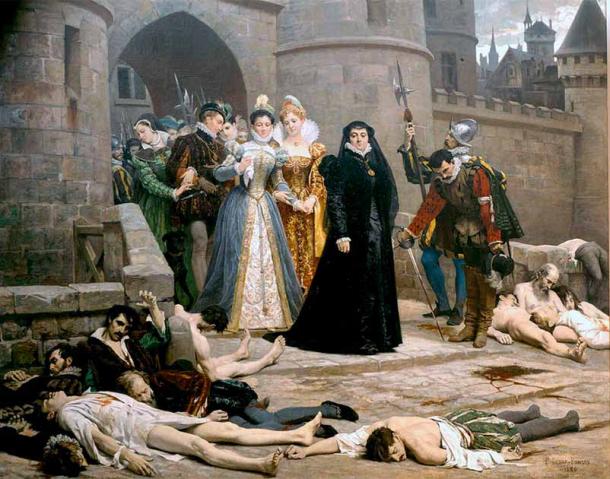 Un matin devant la porte du Louvre, by Édouard Debat-Oonsan. This painting depicts Catherine de Medici, who was married to King Henry II and became the queen of France, gazing at the bodies of massacred Protestants after the St. Bartholomew massacre. (Public domain)