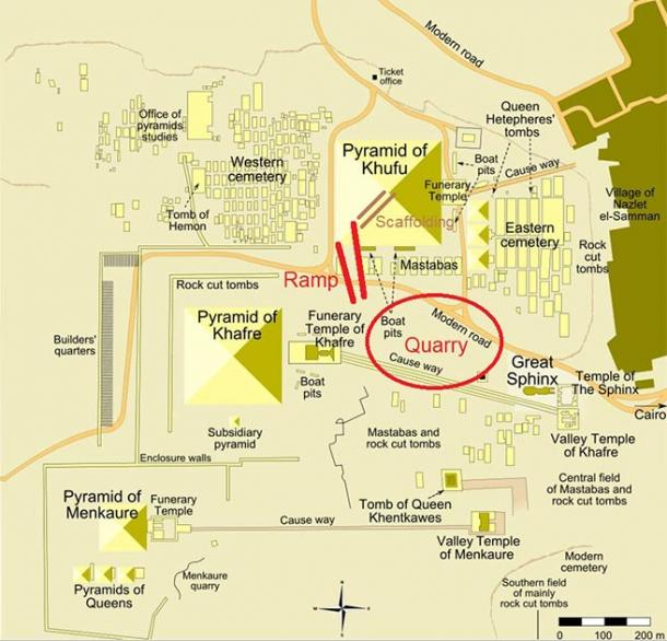Map of the Giza Plateau, showing newly-discovered ancient ramp in red line at southwest corner of Khufu’s pyramid, and quarry and authors’ proposed wooden scaffolding running up to the top (red and brown lines added by author). (MesserWolland / CC BY-SA 3.0)