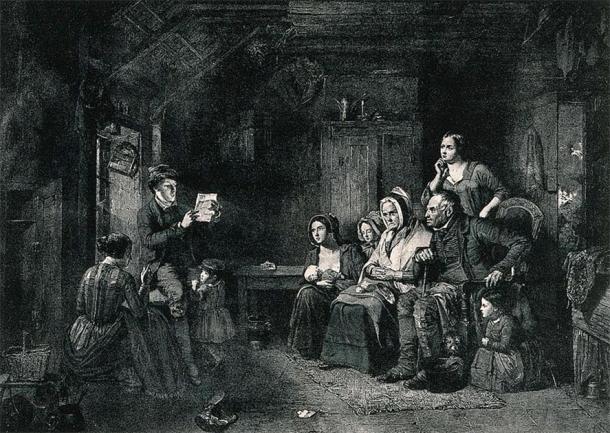 A family sits and listens to a letter from emigrants being read to them by a young man. (Wellcome Images/CC BY 4.0)