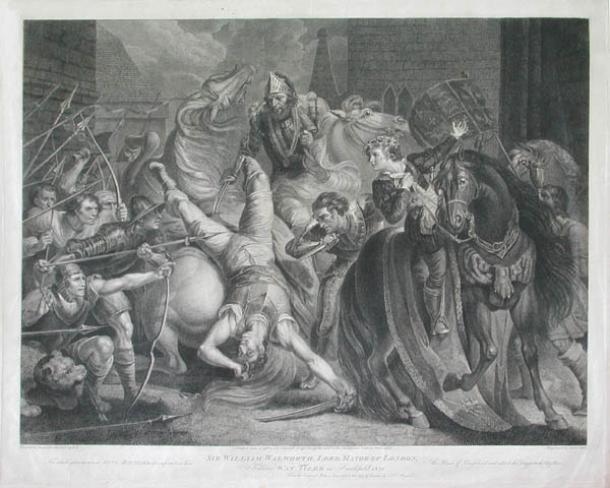 Engraving by Anker Smith showing the death of Wat Tyler in Smithfield 1381. (Public domain)