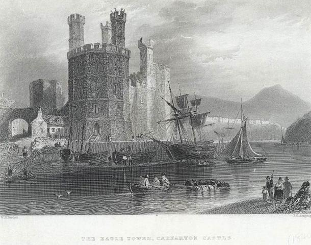 Engraving of the Eagle Tower at Caenarvon Castle from about 1840. (National Library of Wales / CC0)