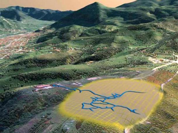 Digital render of the Bosnian Pyramid of the Sun in relation to excavated and explored sections of the Ravne Tunnels. (Richard Hoyle / The Bosnian Pyramid of the Sun Foundation)