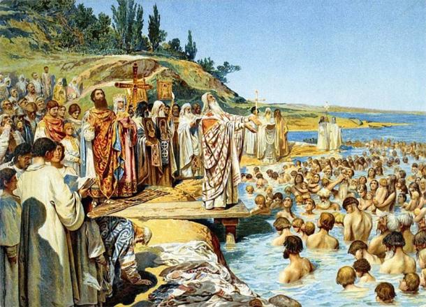 In around 988, Volodymyr ordered the citizens of Kiev to a forced baptism. (Public domain)