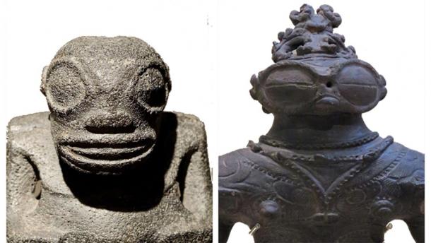 A side-by-side comparison of two sculptures, separated by vast expanses of turbulent ocean. To the right, the “goggle-eyed” dogu from Kamegaoka, late Jomon period (1,000- 400 BC) (CC BY SA 4.0) and to the left, a Tiki sculpture found in the Marquesas Islands, French Polynesia (Public Domain).