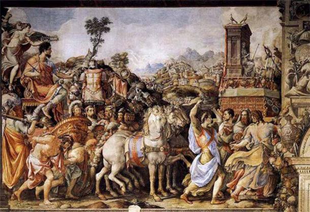Painting titled: Triumph of Furius Camillus by Francesco Salviati. (Public Domain)