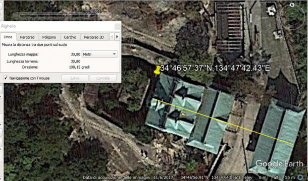 The alignment of 108° along the north-south axis, which Sparavigna first ascertained before conducting further, in-depth astronomical research. (Provided by the author)
