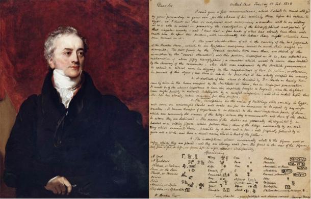 Thomas Young (domaine public) et une lettre qu'il a écrite en 1818 au sujet des hiéroglyphes. (Administrateurs du British Museum / CC BY NC SA 4.0)