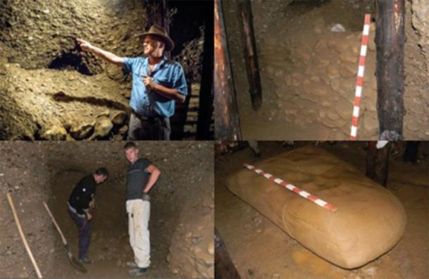 Top left; Dr Sam Osmanagich inside the Ravne Tunnels pointing to infilled passage with drywall construction in front of it. Top right; One of over 50 drywalls identified within the Ravne Tunnels. Bottom left; Excavation and subsequent removal of rubble blocking the Ravne Tunnels. Bottom right; Megaceramic block K2, estimated to weigh 8 tons. (Richard Hoyle / The Bosnian Pyramid of the Sun Foundation)