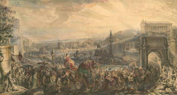 The Triumph of Pompey, watercolor by Gabriel de Saint-Aubin, 1765 (Public Domain)